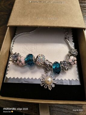 Sterling-Tone Teal & Pink Charm Bracelet with Pearl Sunburst Pendant